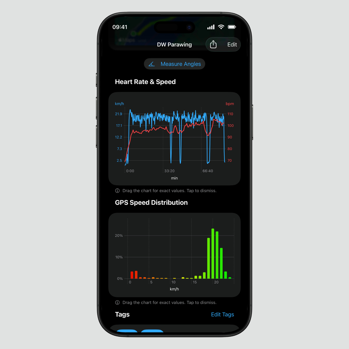 7III Water water sports tracker displaying a downwind foiling route and other statistics